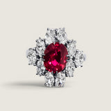 2ct Oval Cut Center Ring  surrounded by 4 Marquise stones (.65ct) & 6 Oval stones (1.5ct). Center stone size: 9X7mm. F306-RUB-CZ-14K