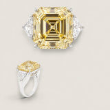 Wide shank 15ct Square Cut Center  with 2 Trillion Cut stones on the sides of 2.5 TCW. Center stone size: 15x15mm     F504-CAN-CZ-14K
