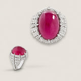 18ct Large Oval Cabochon Ruby Center  with 132 Round Cut Stones of 6 TCW