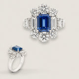 1.5ct Emerald Cut Center with 6 Round Cut Stones of 1.7 TCW on the Top and Bottom  and 6 Baguette Cut of 1.1 TCW on the sides. E65R-SAP-CZ-14K