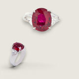 Wide Shank 4.5ct Oval Cut Center with 2 Trillion Cut of 1.1 TCW on the sides.   F362XS-RUB-CZ-14K