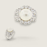 12mm Pearl Center surrounded by 18 Round Cut stones of 2.75ct  and 10 Baguette cut stones of .8ct down the sides. 17500P-PL-CZ-14K