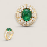 6.5ct Oval Cabochon Center with 12 Baguette cut stones (1.9ct) down each side  surrounded by 78 Round Cut stones (4.2ct)