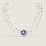 Double Strand Pearl Necklace with Sapphire Cabochon Crystal Clasp