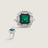 Emerald Cushion Cut Center with Oval and Baguette Halo Ring (5.6 TCW)
