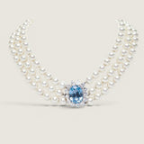 Triple Strand Pearl Necklace with Aquamarine Halo Center (28.4 TCW)