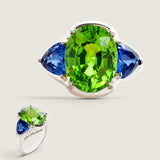 Small Peridot and Tanzanite Three Stone Ring (8 TCW)