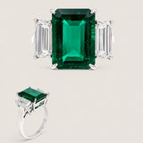 Green Emerald and Baguette Three Stone Ring (6.5TCW)