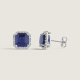 Square-Cut Sapphire Studs with Pave Halo