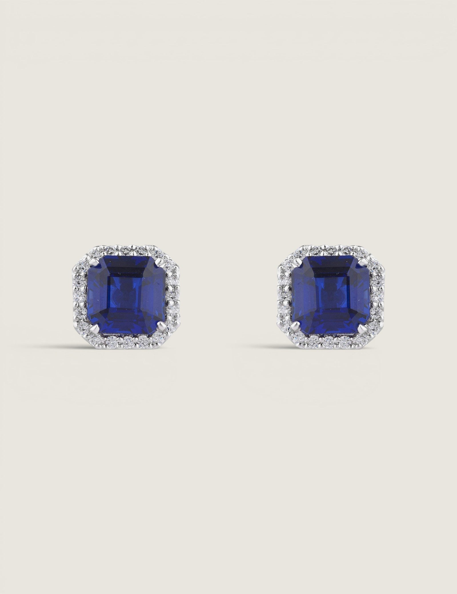 Square-Cut Sapphire Studs with Pave Halo