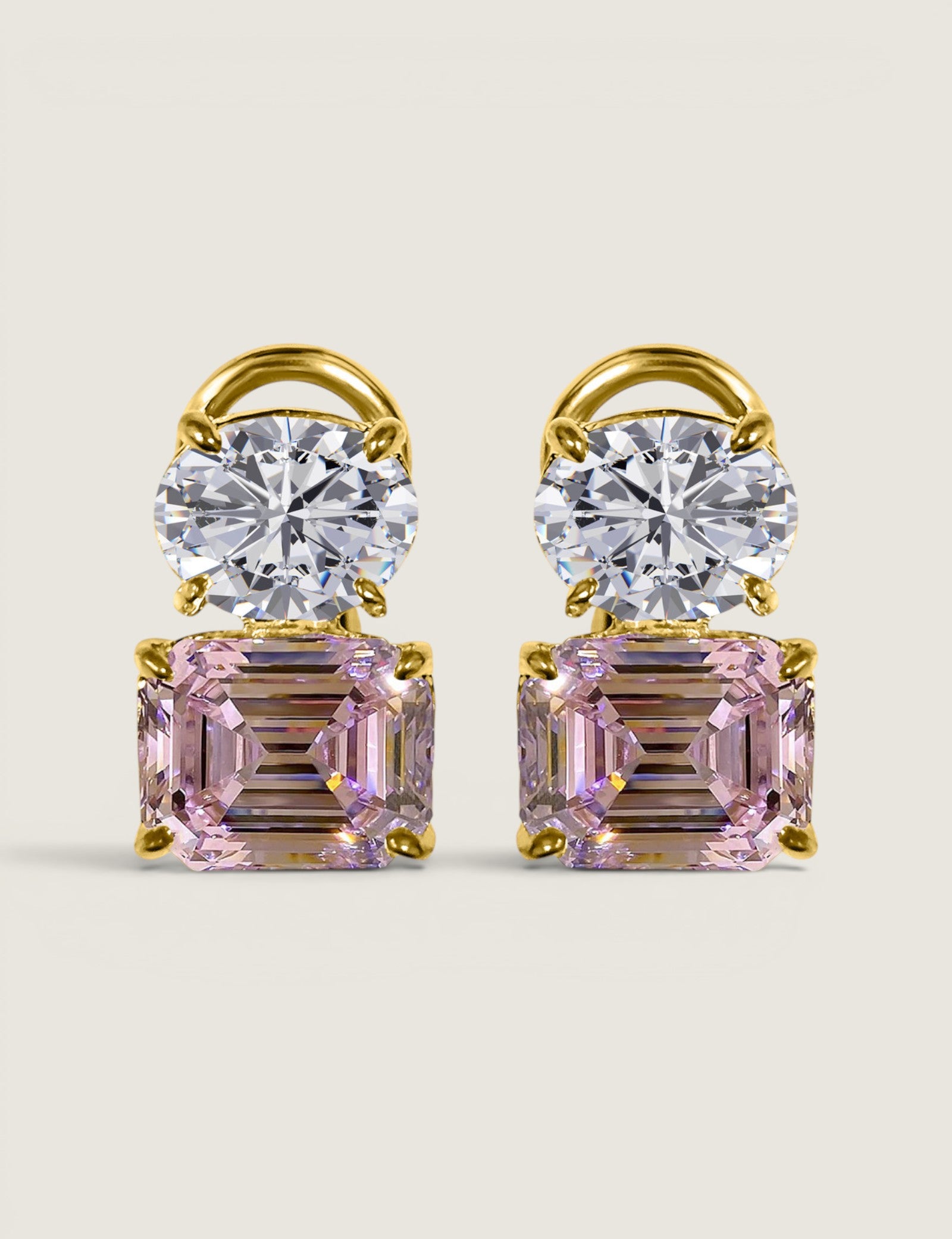 Clear Oval and Pink EMERALD-Cut Double Stud Earrings (8 TCW)