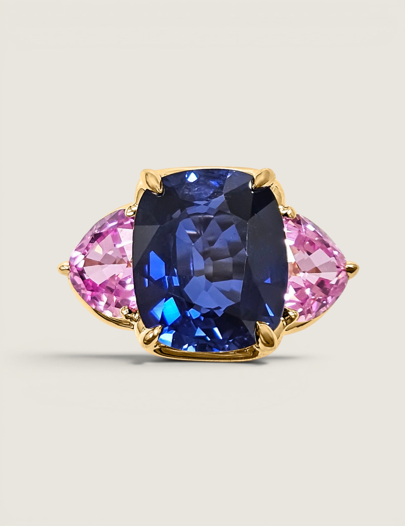 Large Sapphire and Pink Tourmaline Three Stone Ring (17.5 TCW)