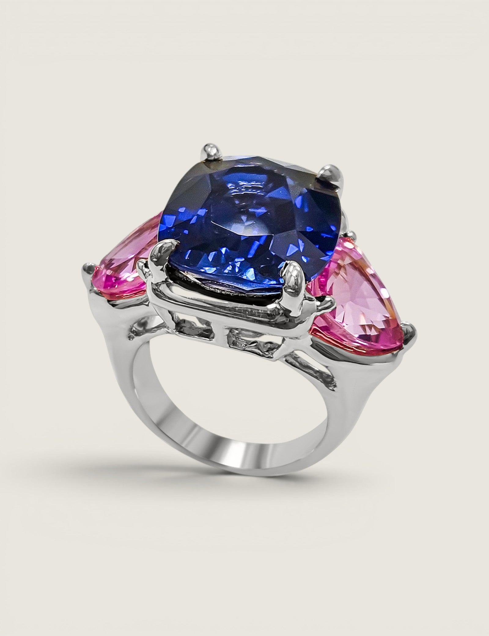 Large Sapphire and Pink Tourmaline Three Stone Ring (17.5 TCW)