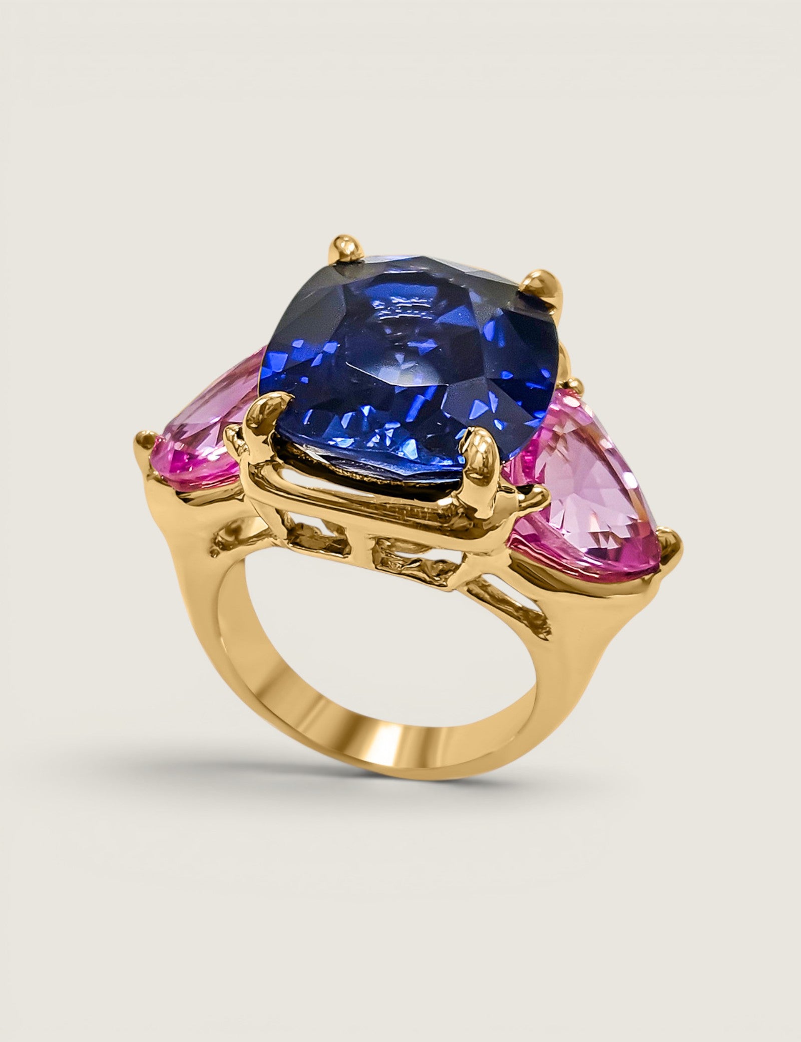 Large Sapphire and Pink Tourmaline Three Stone Ring (17.5 TCW)