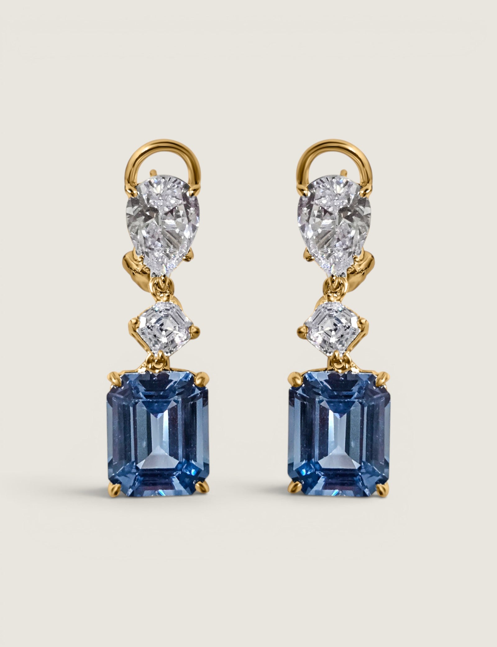 Pear, Square and Aqua Emerald Cut Drop Earrings