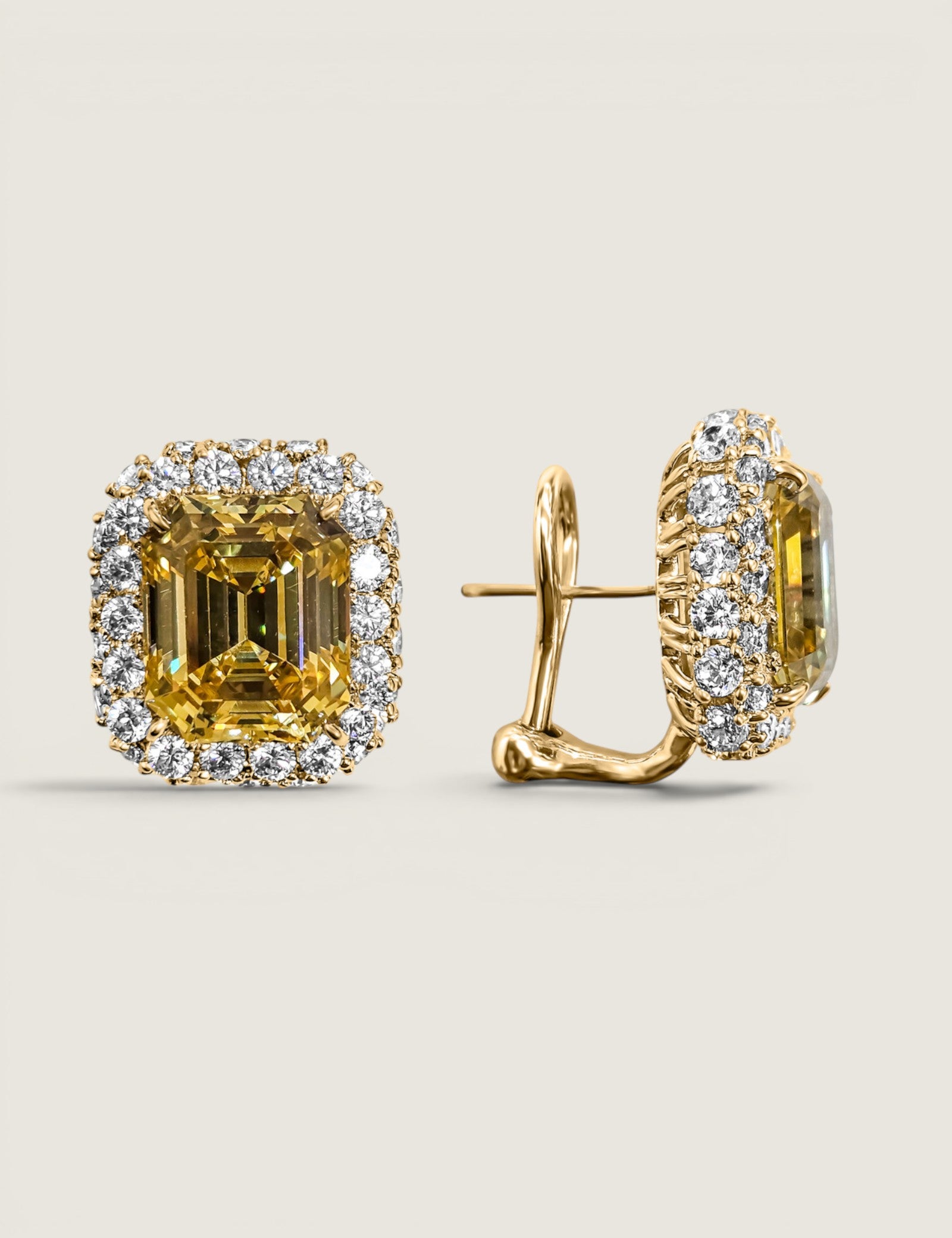 7CT(12x10) Emerald Cut Canary Earring with Double Halo