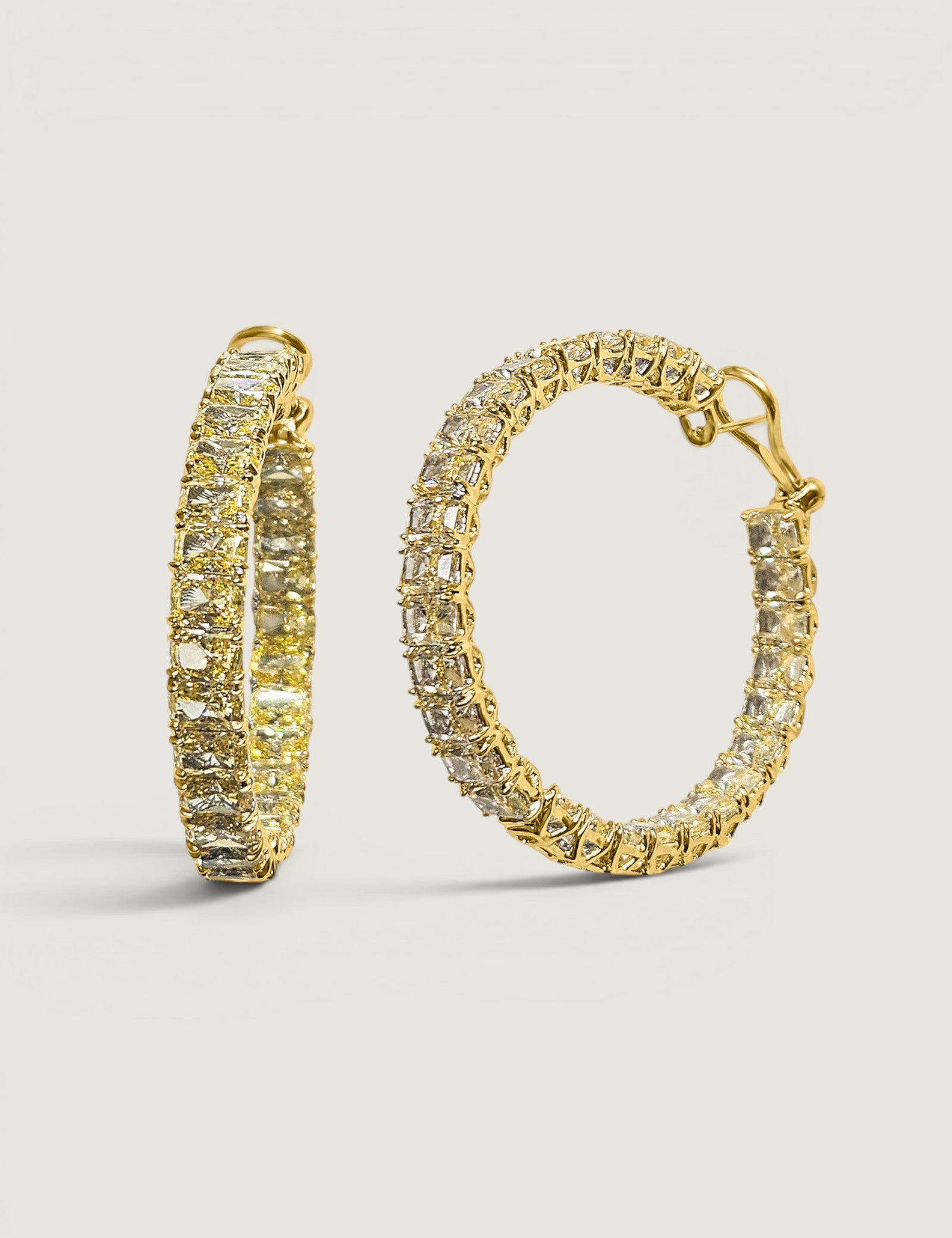 .5CT RADIANT CUT HOOPS 1 3/4 INCH DIAMETER ALL CANARY