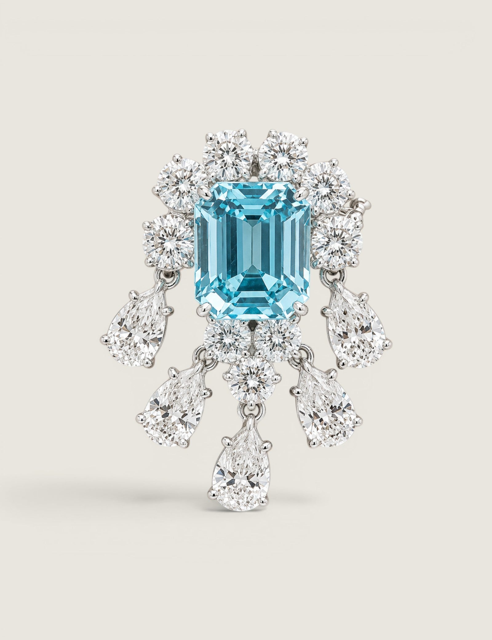 Emerald Cut Aquamarine and Pear Drop Brooch