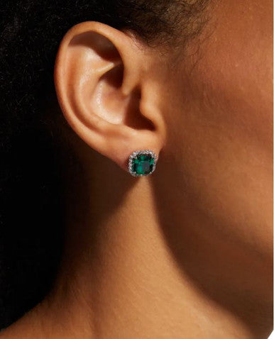 Square-Cut Emerald Studs with Pave Halo