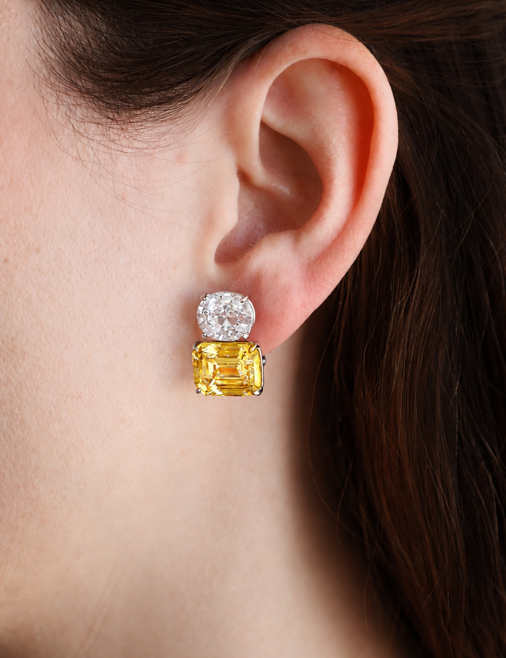Clear Oval and Canary Emerald-Cut Double Stud (21 TCW) - Fantasia by DeSerio