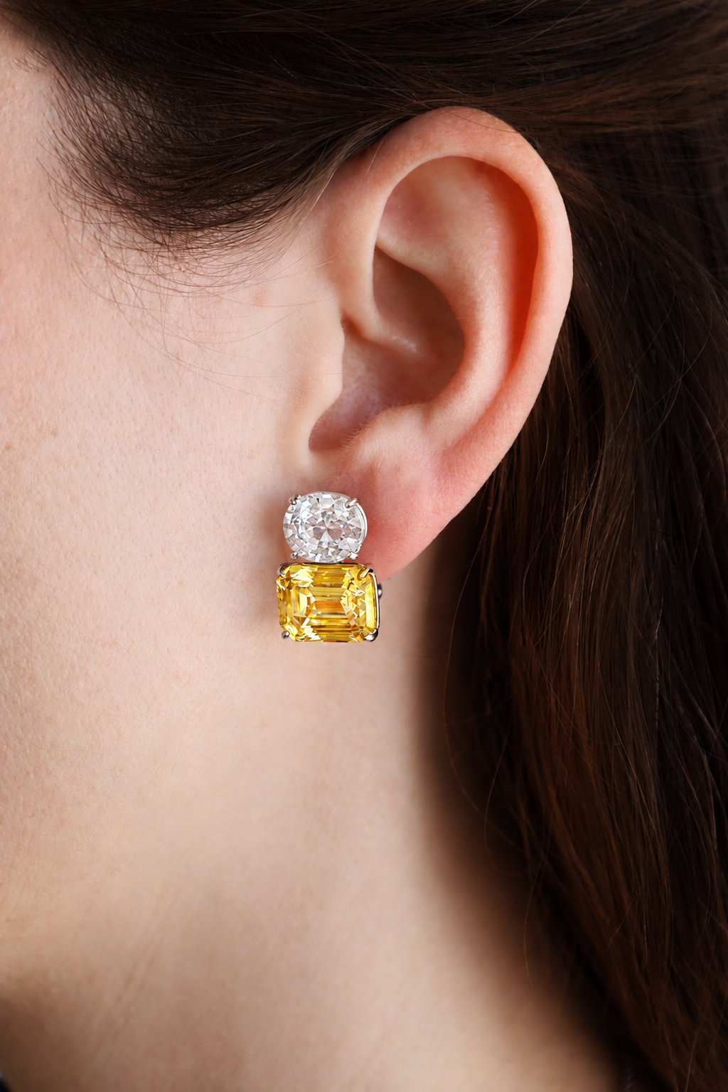Clear Oval and Canary Emerald-Cut Double Stud (21 TCW) - Fantasia by DeSerio