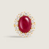 9CT OVAL RUBY CABACHON SURR. BY ROUNDS F14-RUBY-CZ-14K