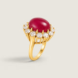 9CT OVAL RUBY CABACHON SURR. BY ROUNDS F14-RUBY-CZ-14K