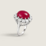 9CT OVAL RUBY CABACHON SURR. BY ROUNDS F14-RUBY-CZ-14K