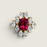 2ct Oval Cut Center Ring  surrounded by 4 Marquise stones (.65ct) & 6 Oval stones (1.5ct). Center stone size: 9X7mm. F306-RUB-CZ-14K