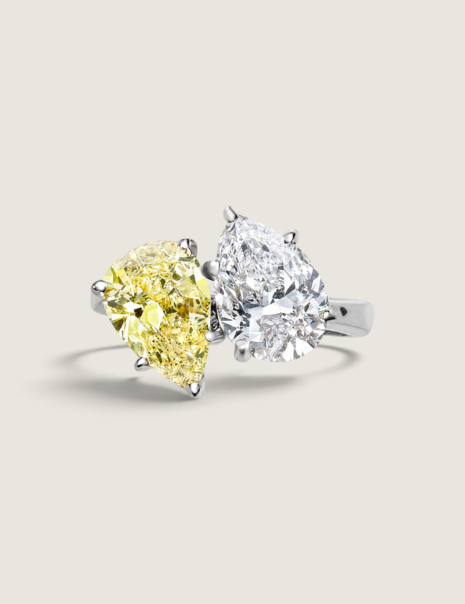 Toi et Moi Canary and Clear Pear Cut Ring in Gold (4 TCW) - Fantasia by DeSerio