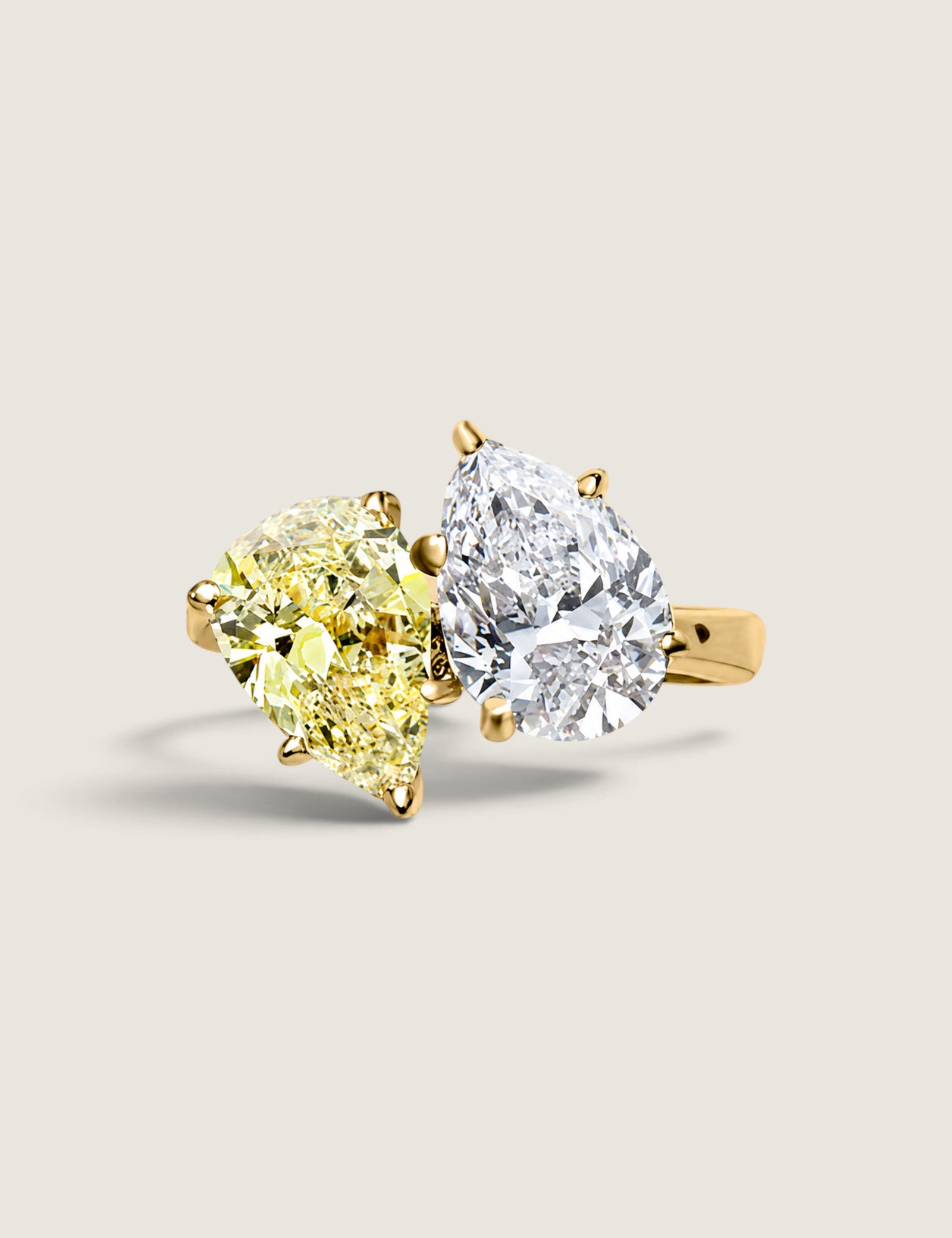 Toi et Moi Canary and Clear Pear Cut Ring in Gold (4 TCW) - Fantasia by DeSerio