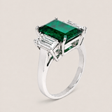 Green Emerald and Baguette Three Stone Ring (6.5TCW)