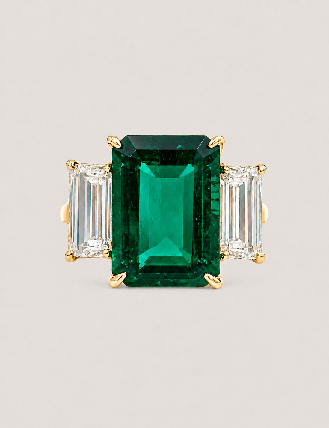 Green Emerald and Baguette Three Stone Ring (6.5TCW)