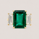 Green Emerald and Baguette Three Stone Ring (6.5TCW)