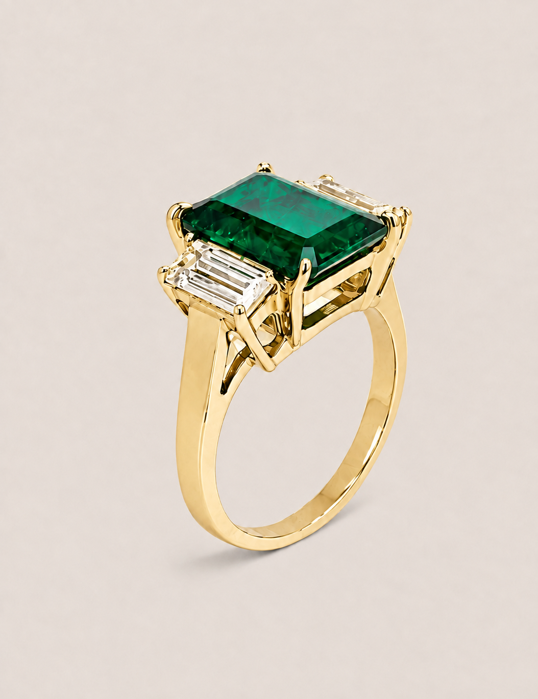 Green Emerald and Baguette Three Stone Ring (6.5TCW)