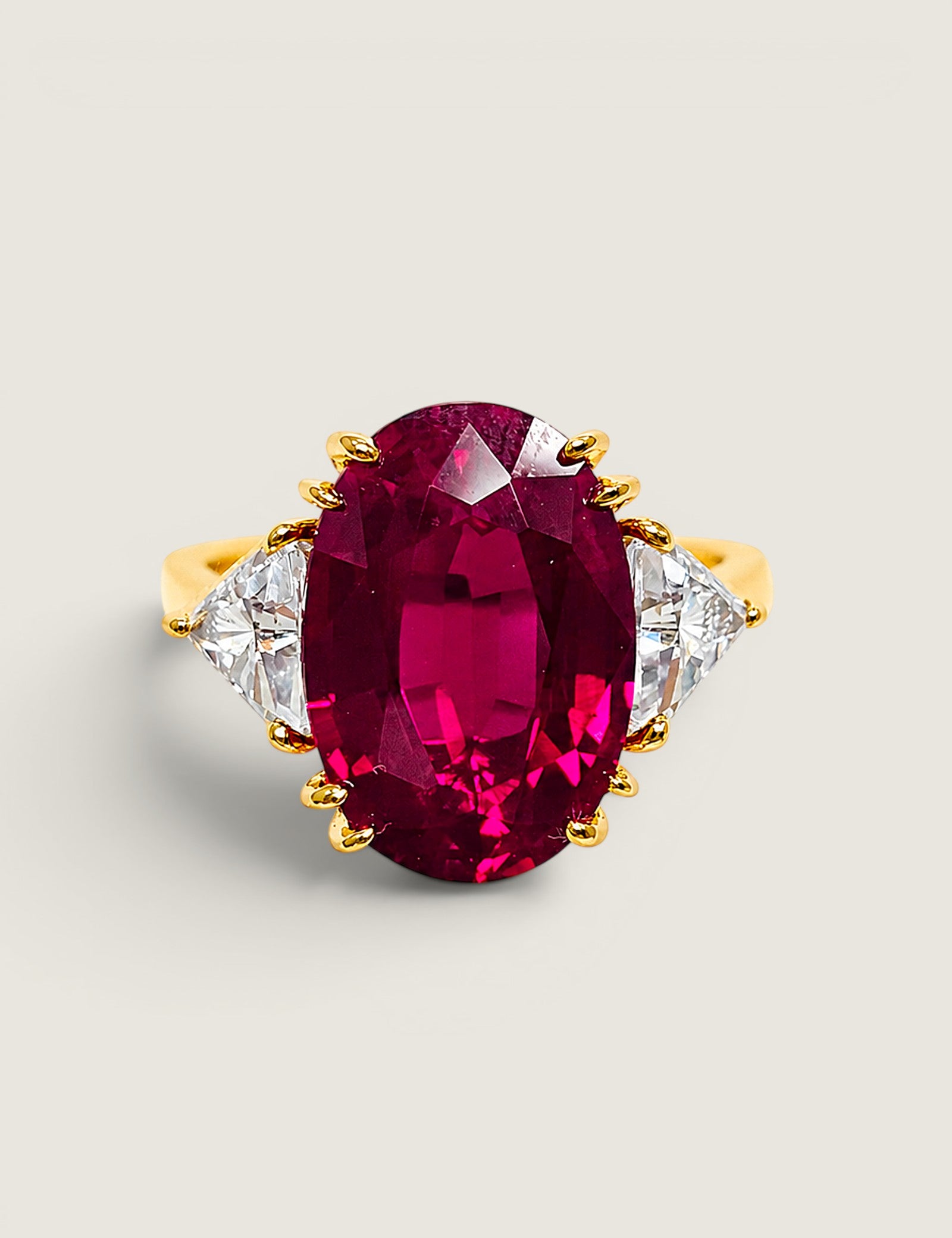 Oval Ruby with Trillion Sides Three Stone Ring (10 TCW)