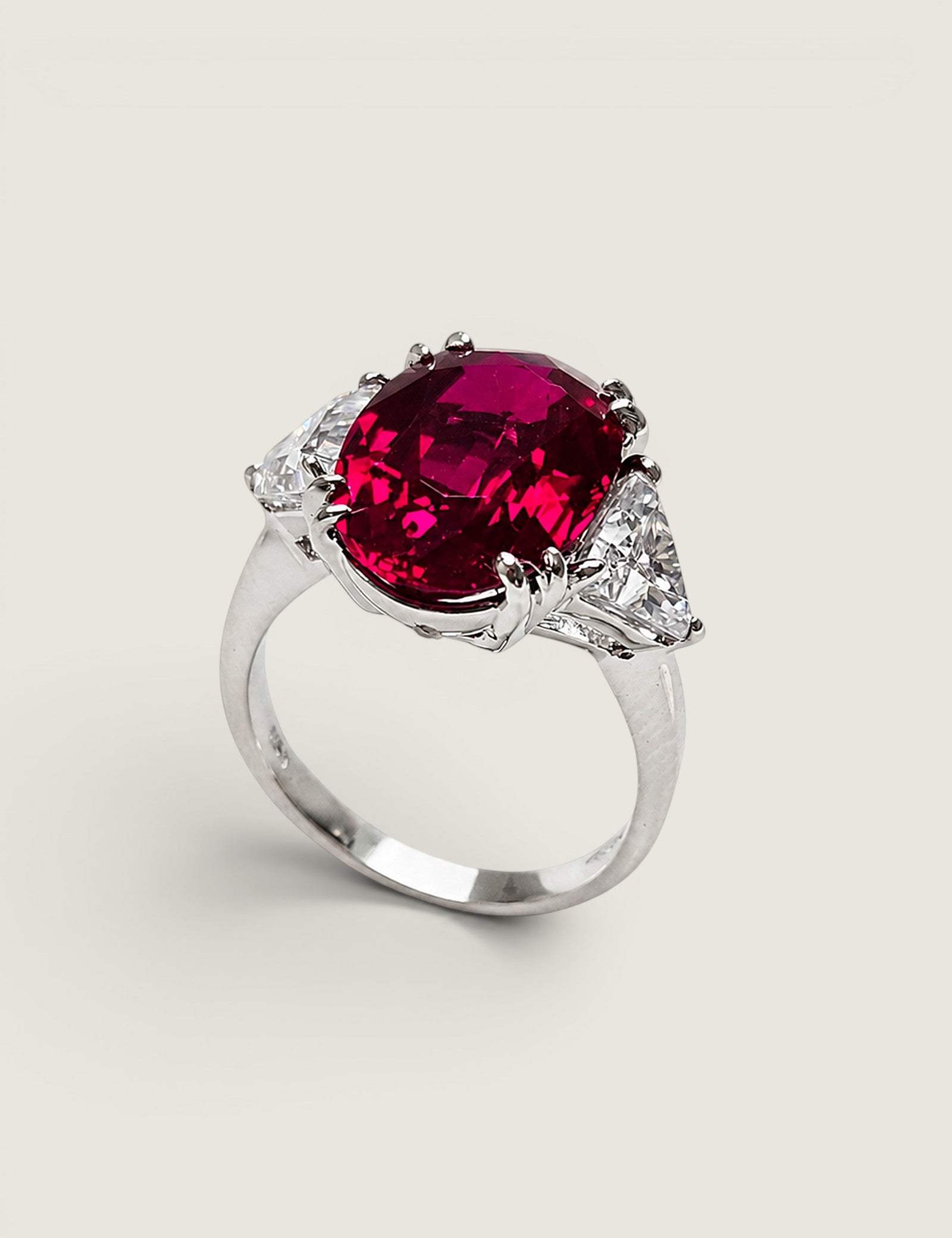 Oval Ruby with Trillion Sides Three Stone Ring (10 TCW)
