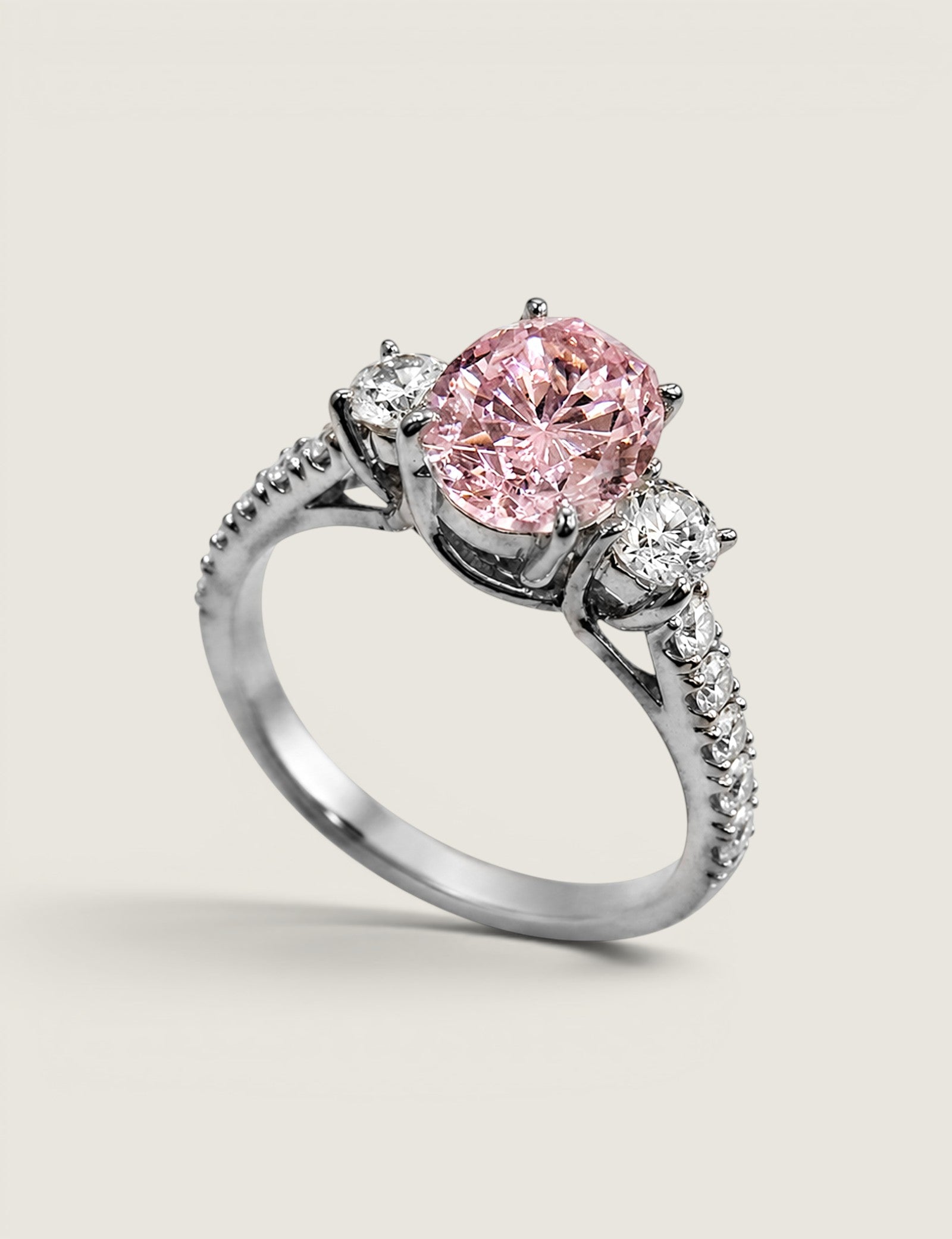 3 STONE OVAL W/ MIRCO-PAVE SHANK F698-PINK-CZ-14K