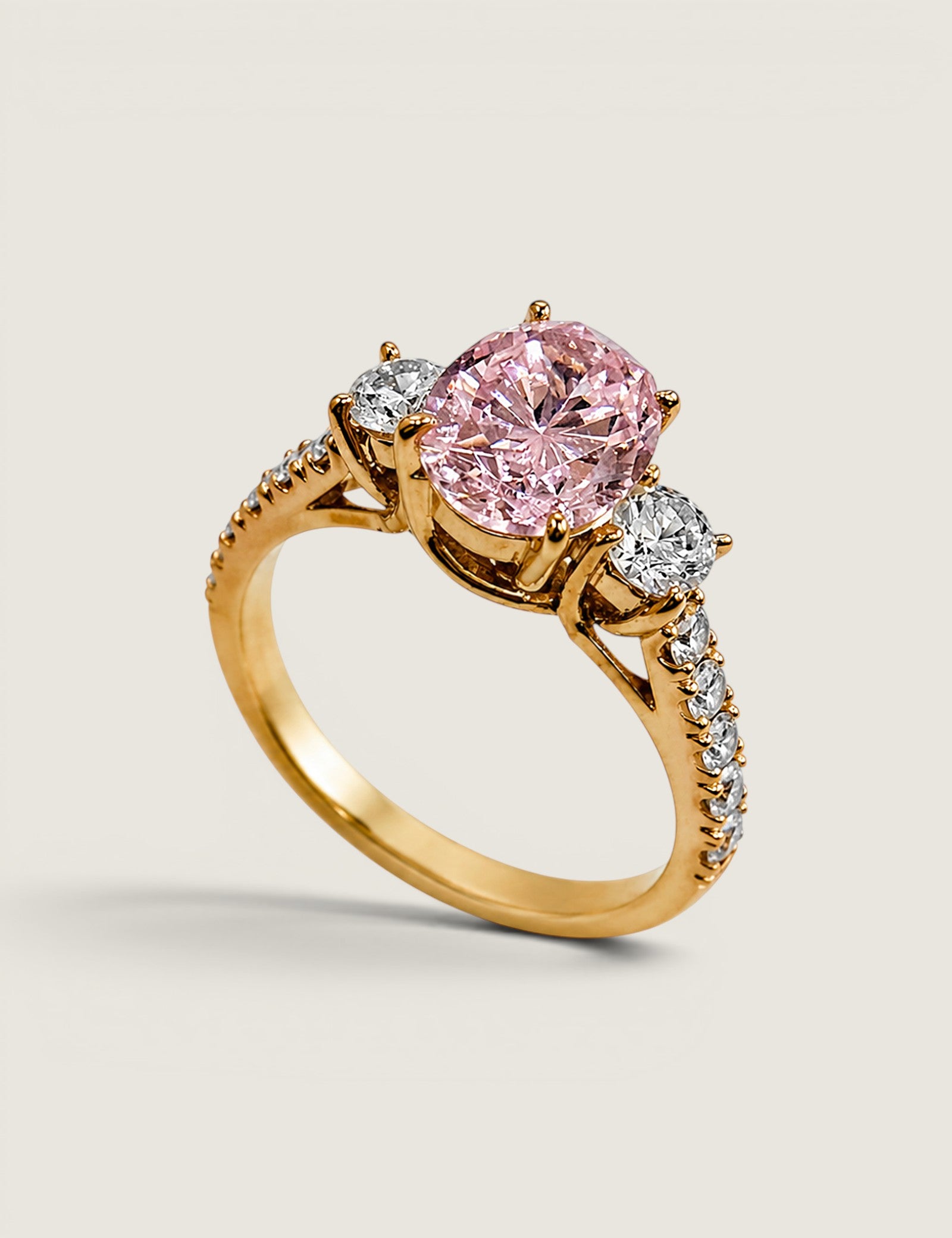 3 STONE OVAL W/ MIRCO-PAVE SHANK F698-PINK-CZ-14K