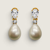 Tear-Drop Pearl Earrings with Pear and Round Stone Detail (3.5 TCW)