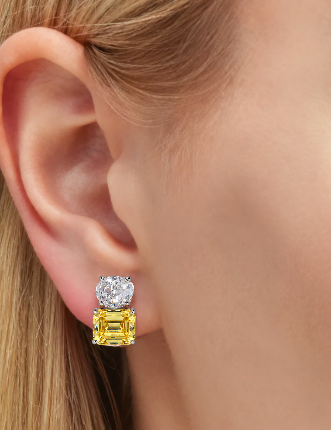 Clear Oval and Canary Emerald-Cut Double Stud (8 TCW)