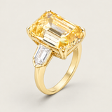Canary Emerald-Cut Three-Stone Ring with Bullet Side Stones (13 TCW)