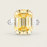 Canary Emerald-Cut Three-Stone Ring with Bullet Side Stones (13 TCW)