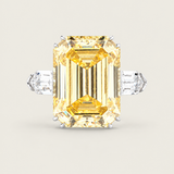 Canary Emerald-Cut Three-Stone Ring with Bullet Side Stones (13 TCW)