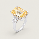Canary Emerald-Cut Three-Stone Ring with Bullet Side Stones (13 TCW)