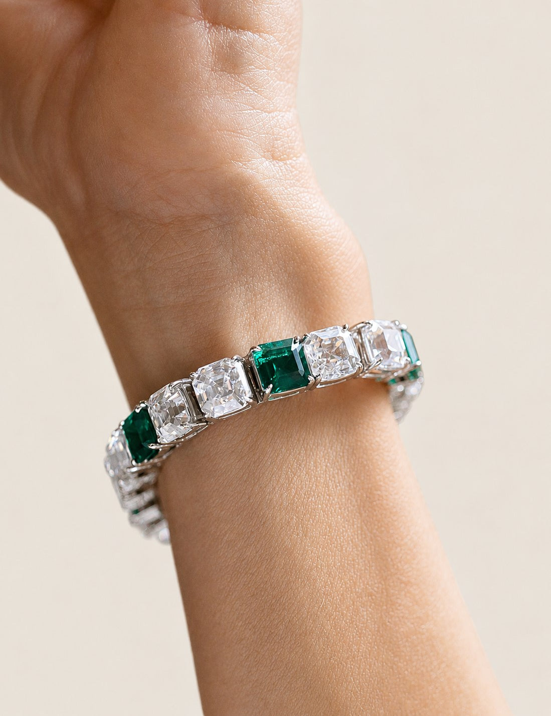 Square-Cut Emeralds and Clear Asscher Tennis Bracelet (62.5 TCW)
