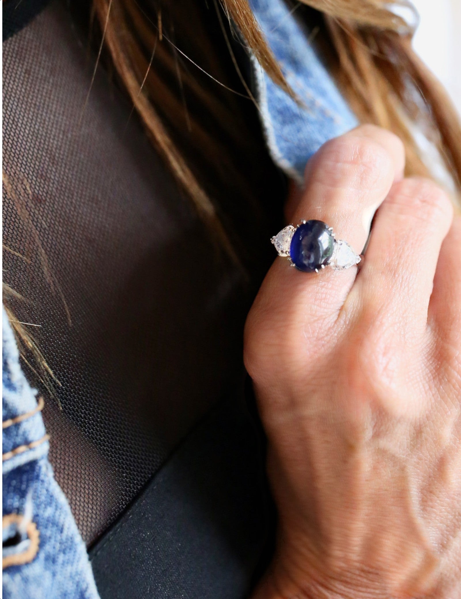 Sapphire Cabochon Center with Heart Side Stones (3.5 Carat Center)
