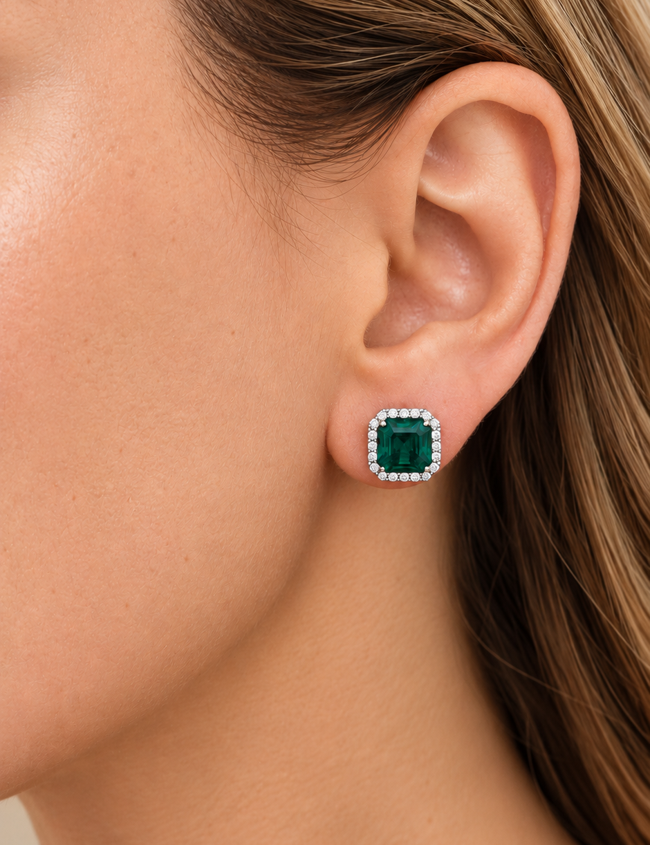 Square-Cut Emerald Studs with Pave Halo | Modern Diamond