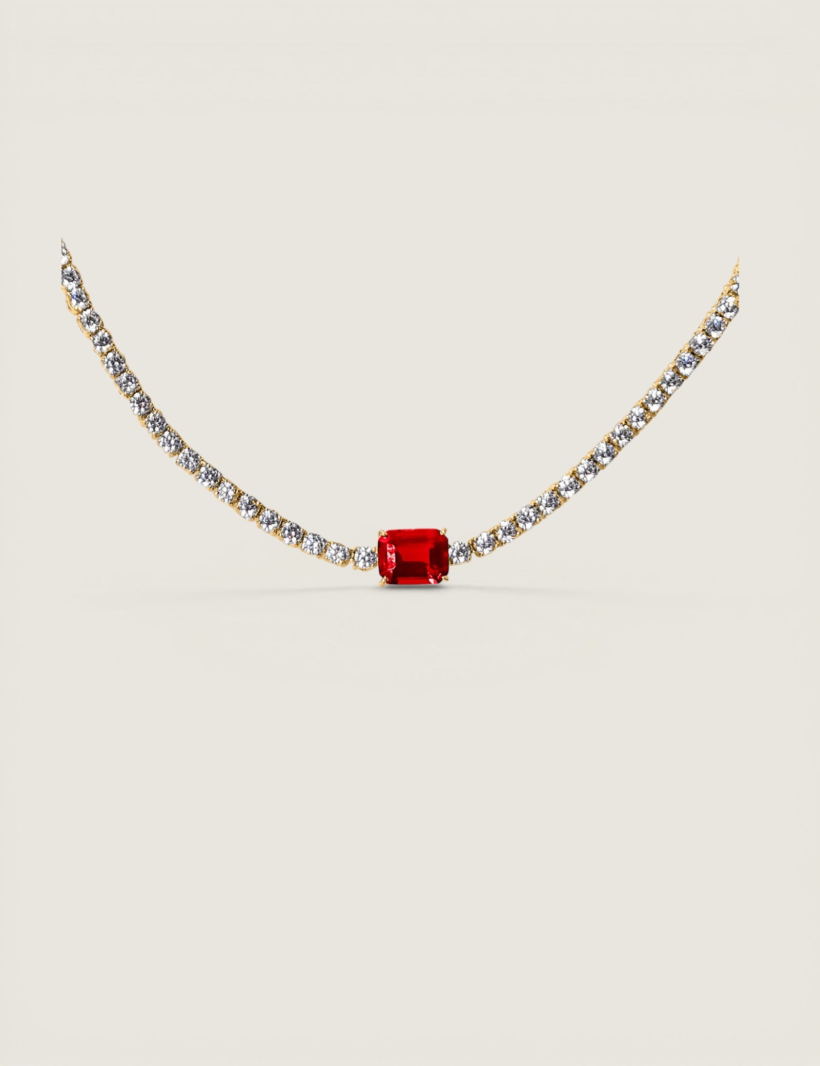 Four Prong Tennis Neck with 2.5ct Lab Ruby Emerald Cut