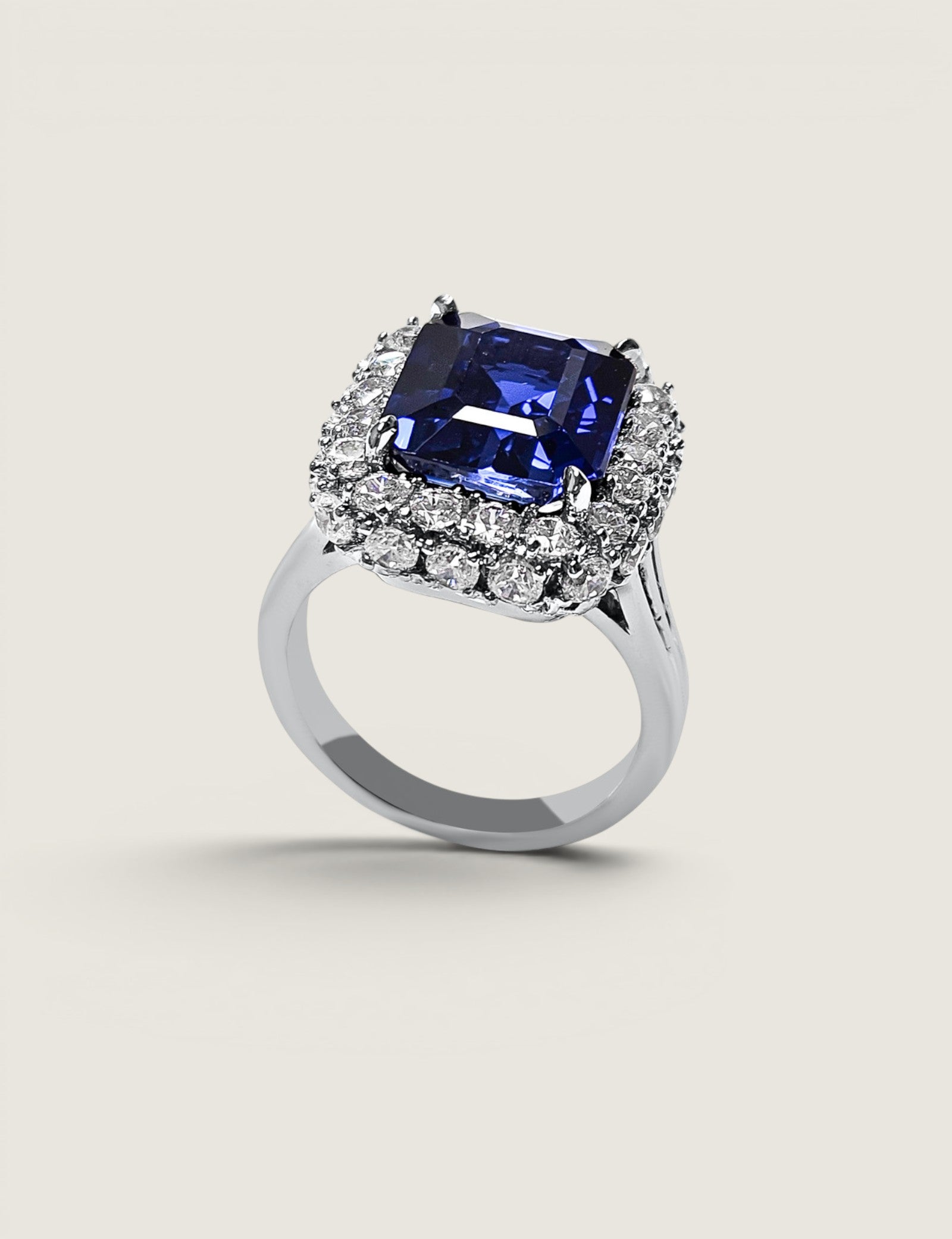 7CT(12x10) Emerald Cut Lab Grown Sapphire Ring with Double Halo